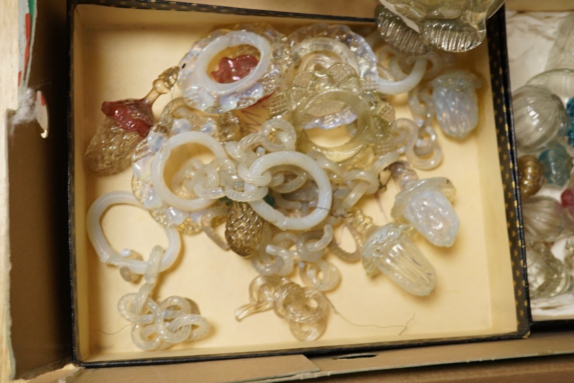 Various component parts of coloured Venetian floral chandeliers, glass central column 43cm high